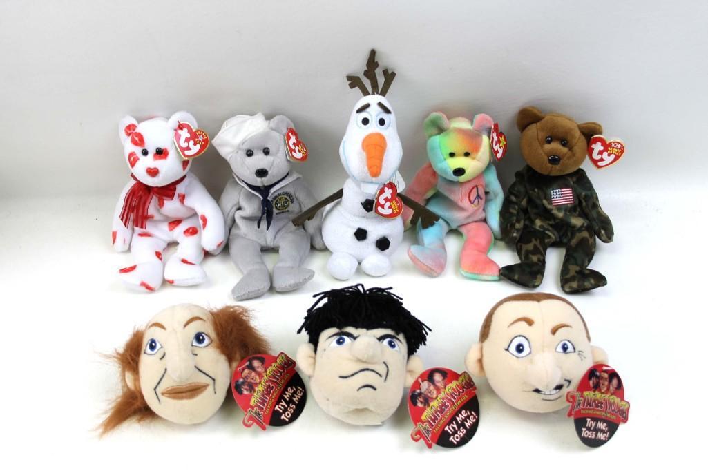 Lot of Ty Beanie Babies and Three Stooges Talking: Lot of Ty Beanie Babies and Three Stooges Talking Knuckleheads New with Tags