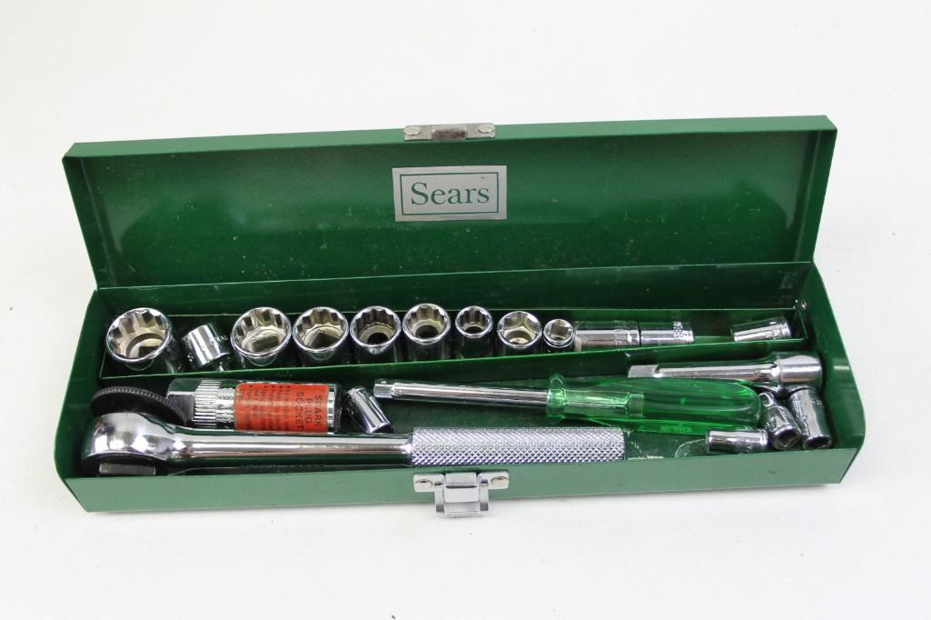 Sears Socket Set in a Green Metal Tool Box: Sears Socket Set in a Green Metal Tool Box