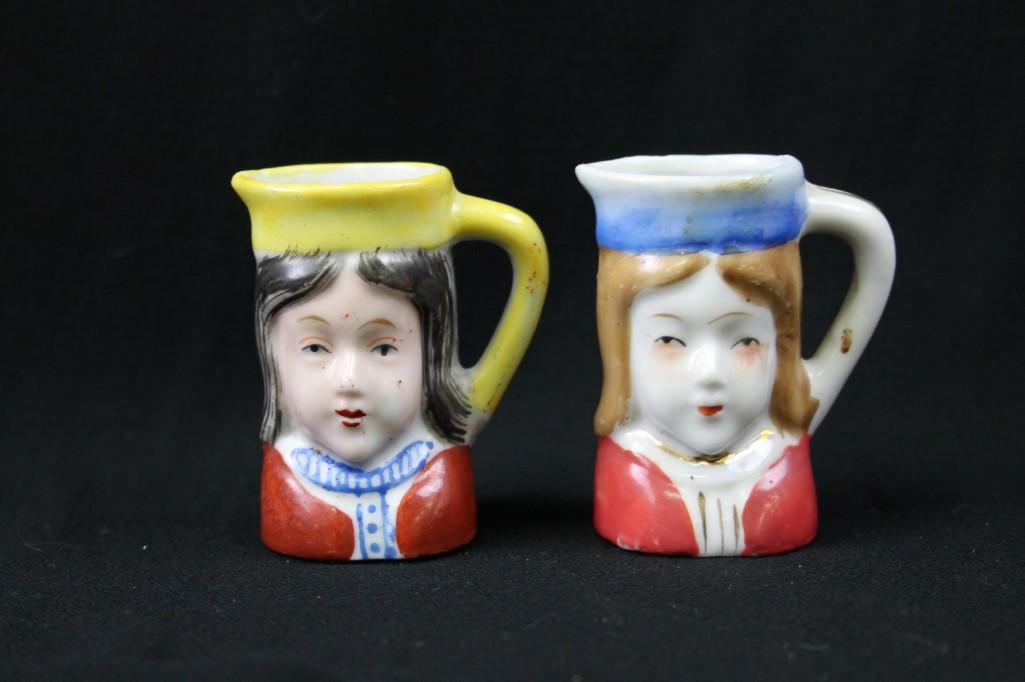 Lot of 2 Miniature Toby Jugs or Pitchers Ladies or: Lot of 2 Miniature Toby Jugs or Pitchers Ladies or Women one is stamped Japan