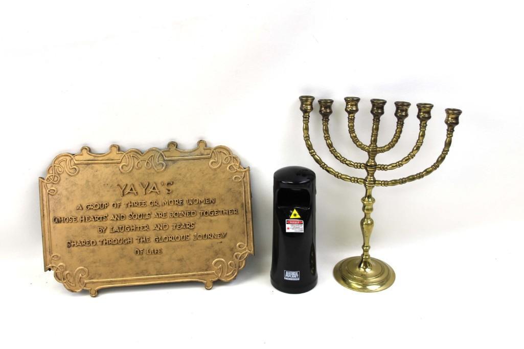 Misc Lot incl Brass Menorah , Yaya Sign , and Laser: Misc Lot incl Brass Menorah , Yaya Sign , and Laser Pointer