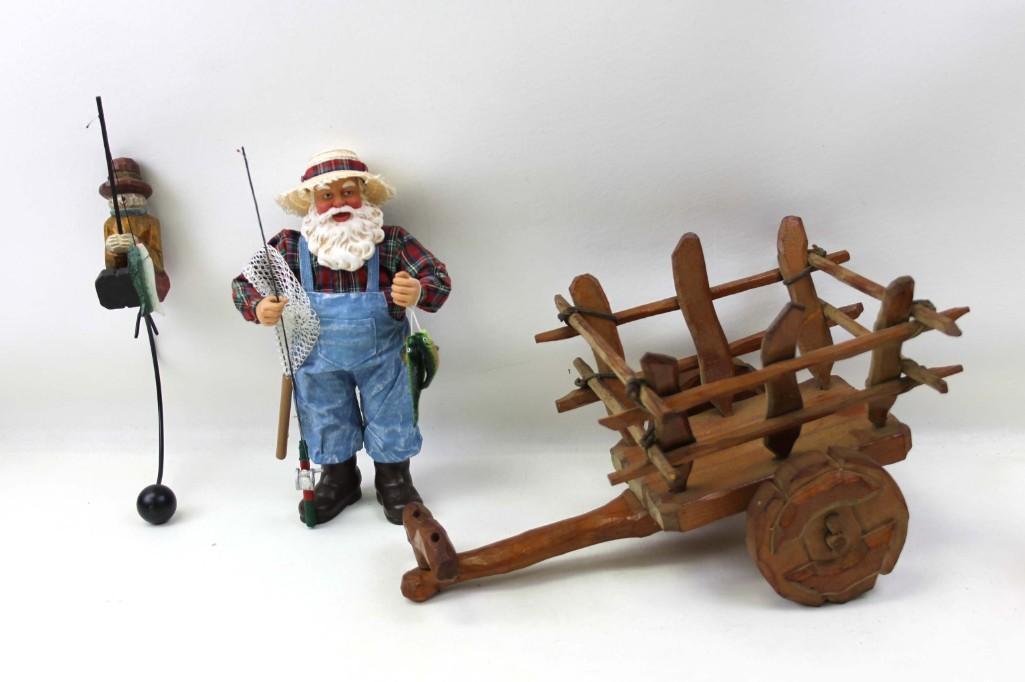 Lot of Decor incl Fisherman , Balance Toy , and Wooden: Lot of Cabin Decor Items incl Fisherman , Balance Toy , and Wooden Wagon