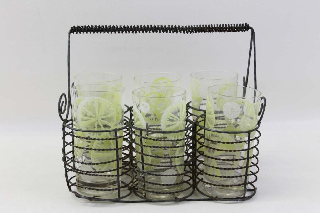 Mid Century Mod Tumblers with Caddy: Set of 6 vintage tumblers or drinking glasses with a caddy. Glasses have a lemon design on them.