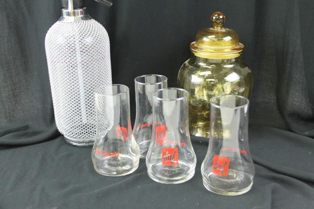 Set of 4 7up the Uncola Glasses , a Soda Spritzer , and: Set of 4 7-up the Uncola Glasses , a Soda Spritzer , and a Ginger Jar