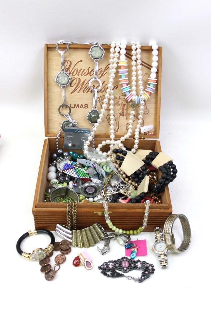 Wood Cigar Box Filled with Costume Jewelry and Watches: Wood Cigar Box Filled with Costume Jewelry and Watches