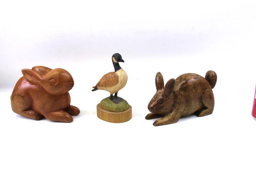 2 Carved Wood Rabbits and a Goose: 2 Carved Wood Rabbits and a Goose