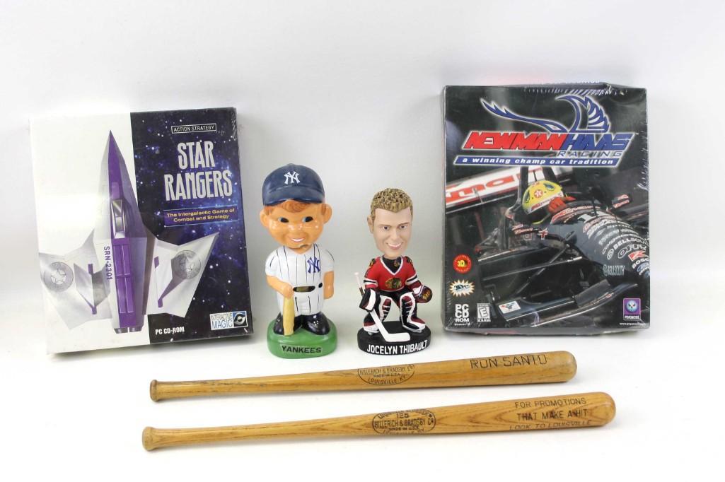 Lot of 2 mini baseball bats, bobble heads and two PC: Lot of 2 mini baseball bats, bobble heads and two PC Games Ron Santo Bat, Jocelyn Thibault Bobble Head, Yankees Bobble Head with some Damage. Sealed Star Rangers PC Game, Sealed Newman Haas Racing PC 