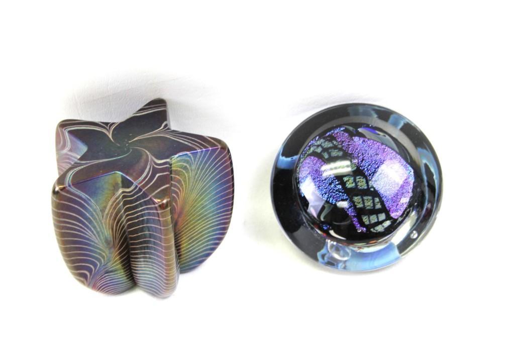 Lot of 2 Art Glass Paperweights Round is Signed Rollin: Lot of 2 Art Glass Paperweights Dichroic Round is Signed Rollin Karg and Iridescent Star is signed Robert Held