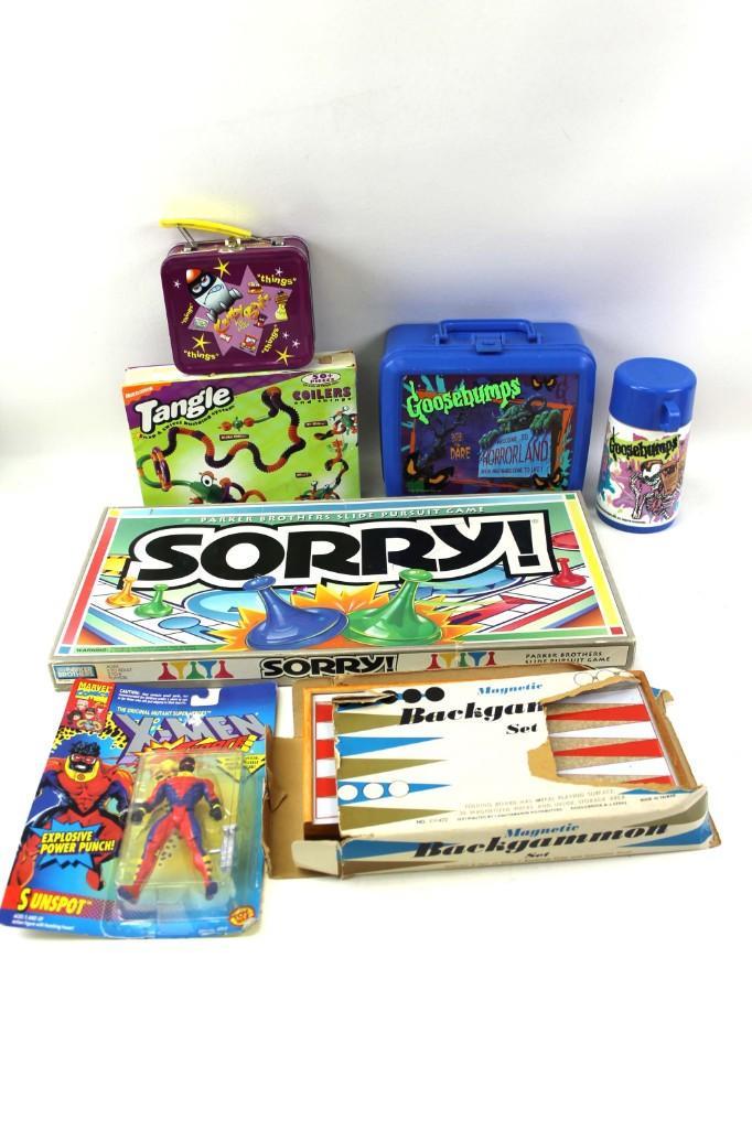 Lot of Collectible Toys incl Crazy Bones Metal Lunchbox: Lot of Collectible Toys incl Crazy Bones Metal Lunchbox , a Goosebumps Lunch box with a thermos , New in Package X-Men Action Figure , Board Games , etc