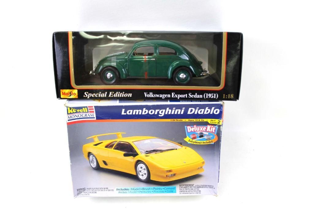 Maisto VW Export Sedan and Revell Lamborghini Diablo: 1:18 Scale Maisto 1951 Volkswagen Export Sedan Model Car and 1:24 Scale Revell Lamborghini Diablo Kit