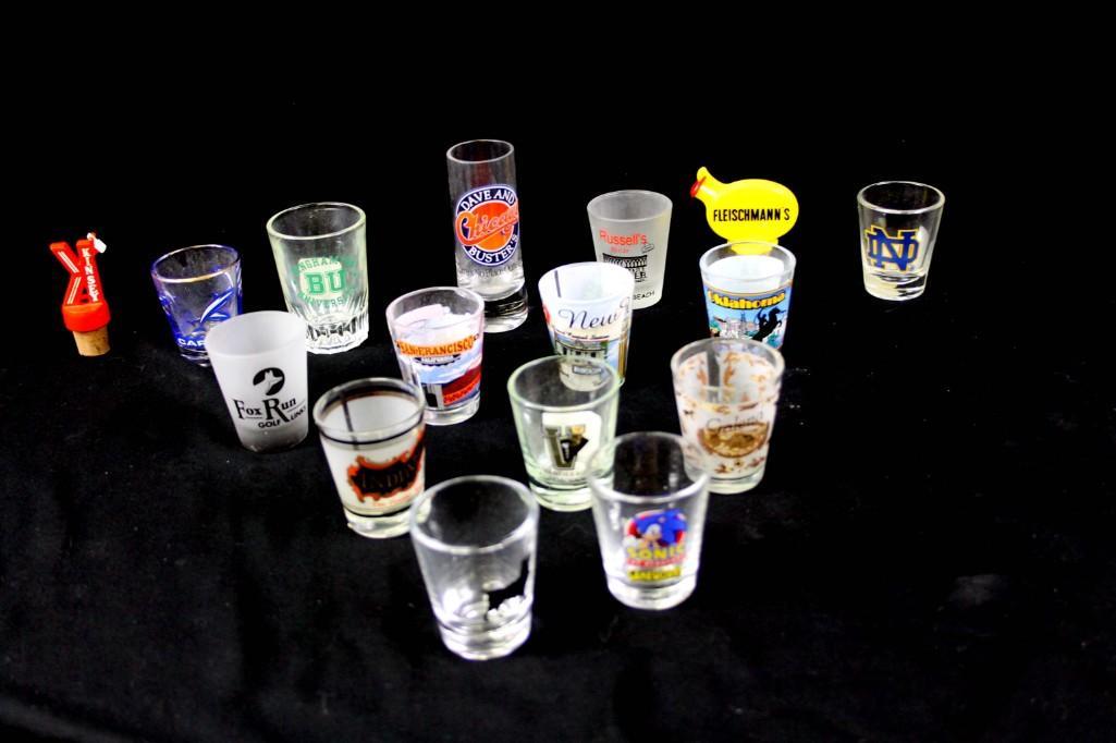 Lot of Shot Glasses and Bottle Stoppers: Lot of Shot Glasses and Bottle Stoppers . Includes a Sonic the Hedgehog Shot Glass