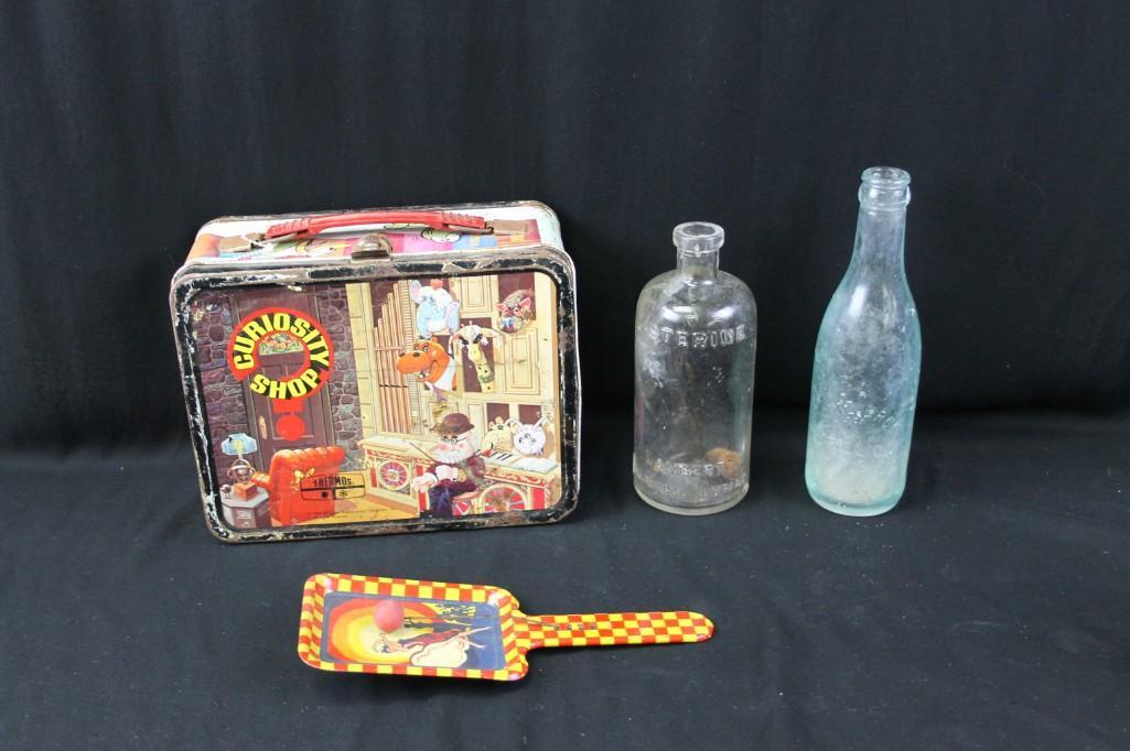 Vintage Lot incl 2 Old Bottles , Tin Toy , Metal: Vintage Lot incl 2 Old Bottles , Tin Toy , and a Curiosity Shop Metal Lunchbox