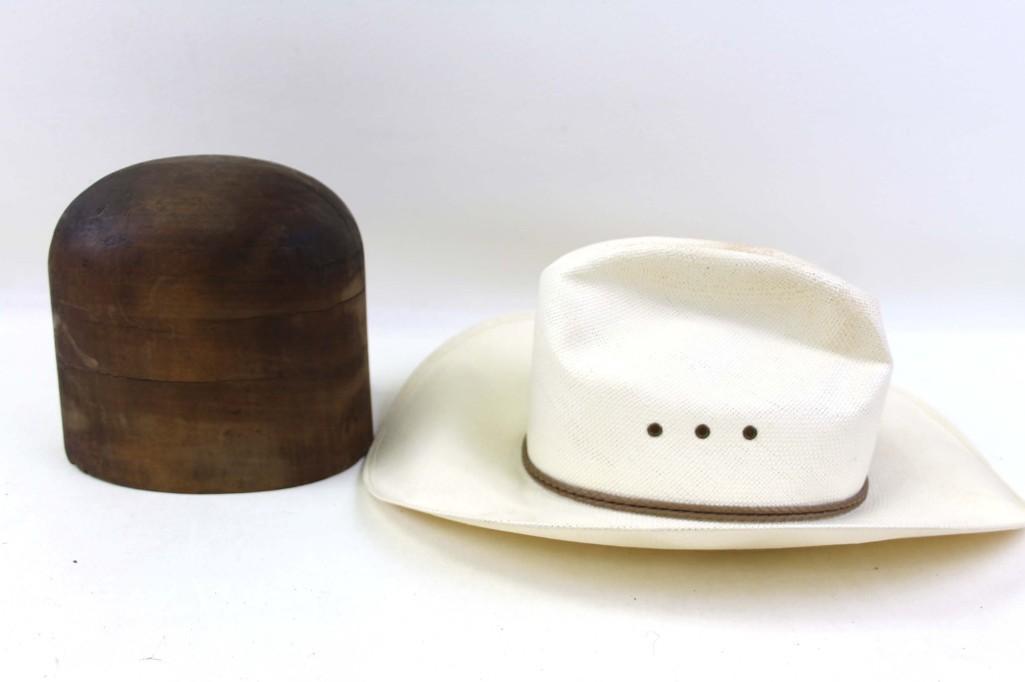 Stetson Cowboy Hat Sz 7 1/8 and a Wood Hat Form: Stetson Cowboy Hat Size 7 1/8 7x Genuine Shantung and a Wood Hat Form Condition: Hat form has some cracks, please see pictures