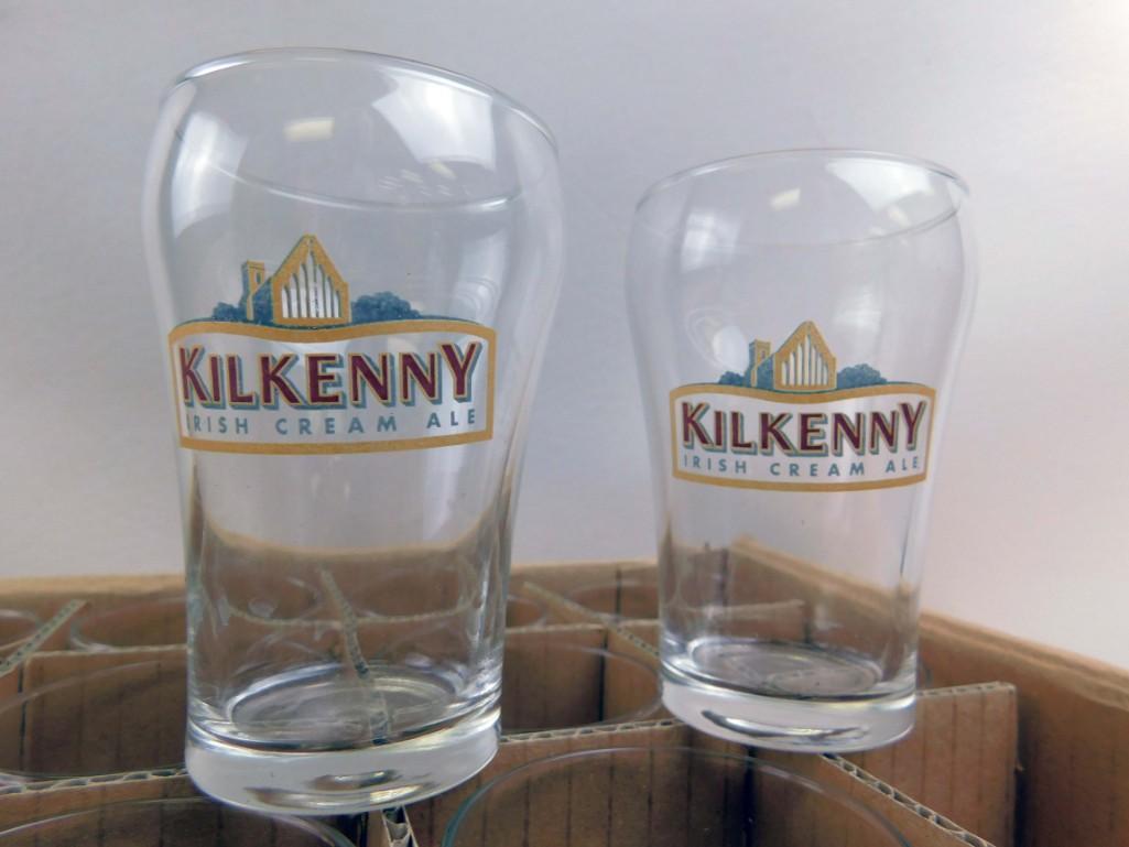 Case of 43 Kilkenny Irish Cream Ale Bar Glasses: Case of 43 Kilkenny Irish Cream Ale Bar Glasses These are a bit smaller than pint glasses. As shown in the last picture, they are slightly shorter than a 12oz soda can