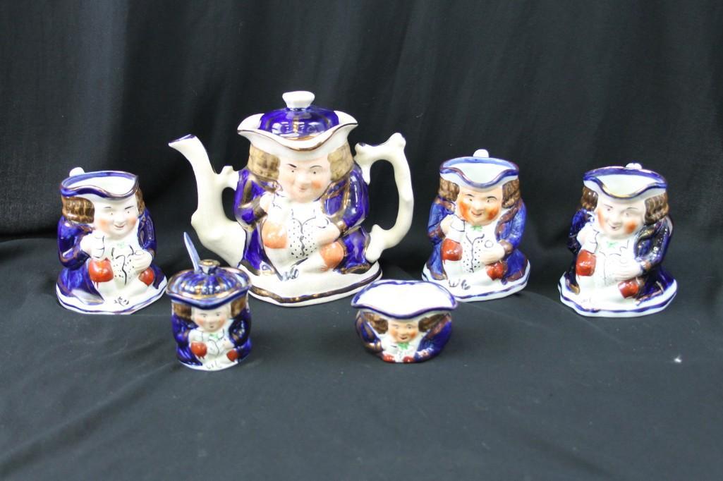 Allertons Toby Double Sided Teapot Set 6 Pc: Antique Allerton's Toby Double Sided Teapot Set 6 Piece Set Condition: set has crazing (crackling to the glaze) consistent with older porcelain and ceramic items