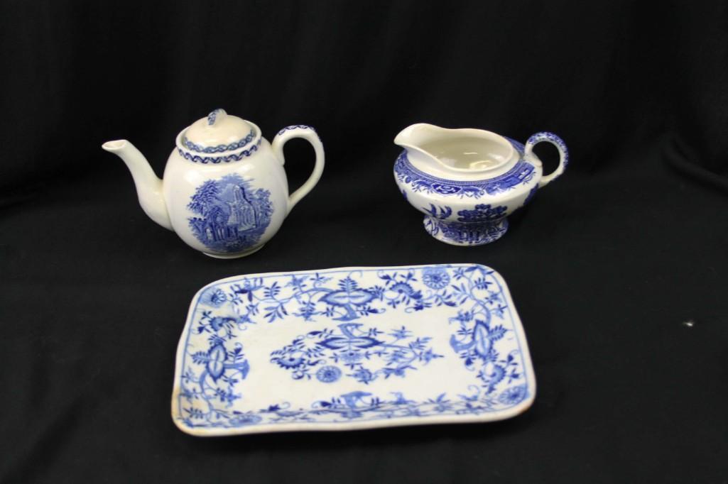 Lot of 3 Antique Blue and White China Serving Pieces: Blue Willow creamer, John Steventon & Sons Willow Made in England, Petrus Regout Maastricht Made in Holland ABBEY Small Teapot and a Greenwood China Plate