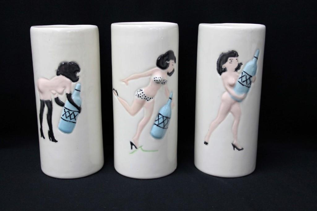 3 Vintage Nude Ceramic Bar Glasses: 3 Vintage Ceramic Nude Woman Naughty Risque Ceramic Bar Glasses Pinup Girl