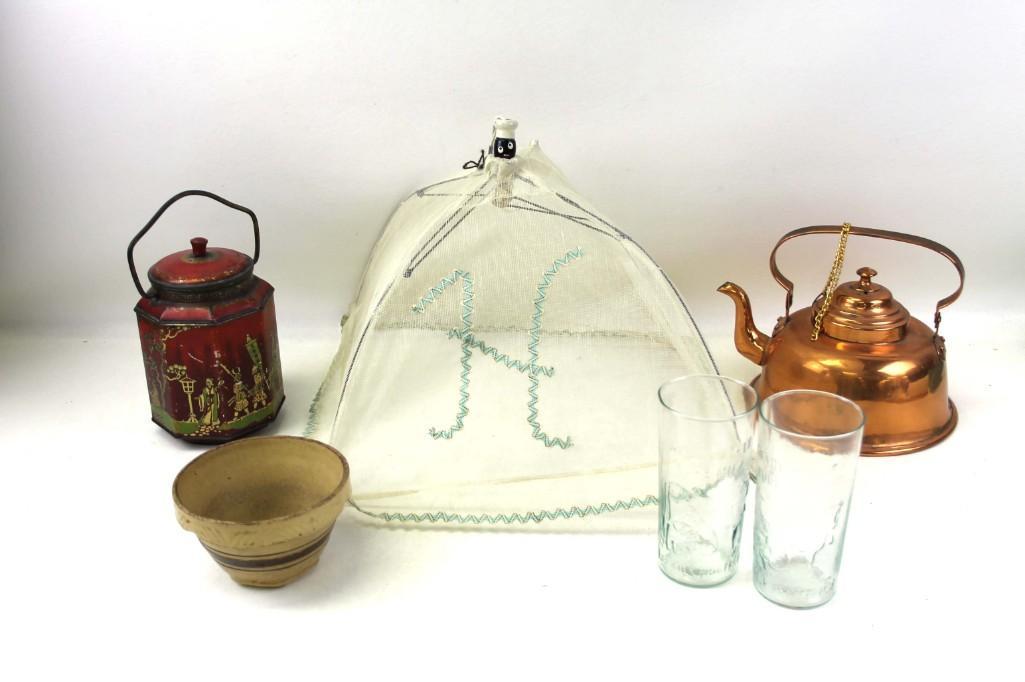 Kitchen Lot incl Stoneware Bowl , Copper Tea Kettle , (1 of 8)