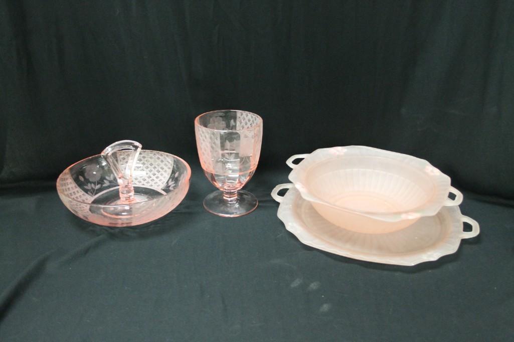Lot of Pink Depression Glass incl Goblet , Bowls , Etc (1 of 6)