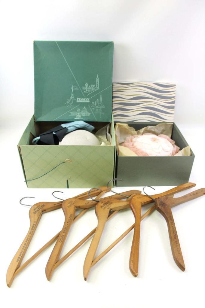 Lot of Vintage Hats and Wood Advertising Hangers: Lot of Vintage Hats and Wood Advertising Hangers