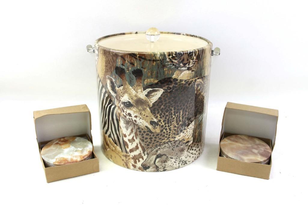 Animal Print Ice Bucket and 2 Sets of Brookstone: Animal Print Ice Bucket and 2 Sets of Brookstone Sandstone Coasters