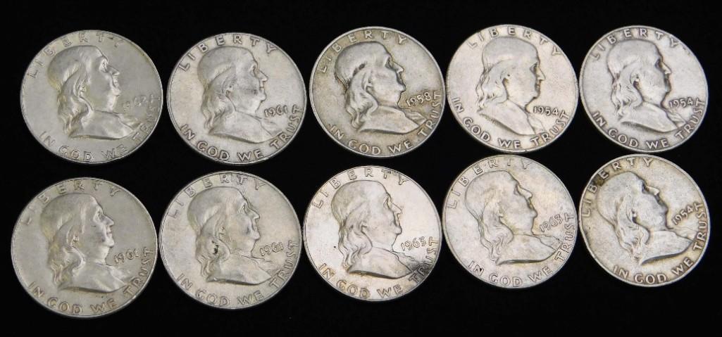 Lot of 10 Franklin Half Dollars (1 of 2)