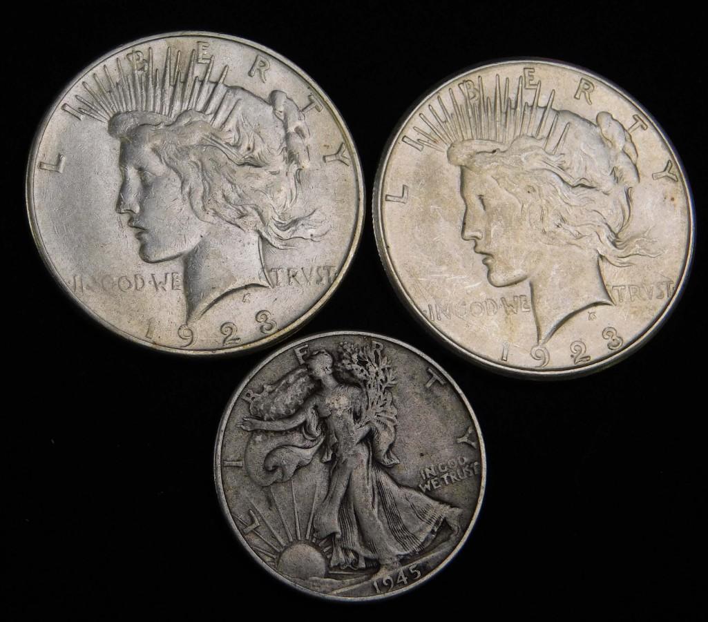 Lot of Coins incl 2 1923-S Peace Dollars and a 1945 (1 of 2)