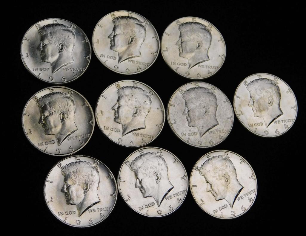10 AU 1964 Kennedy Half Dollars (1 of 2)