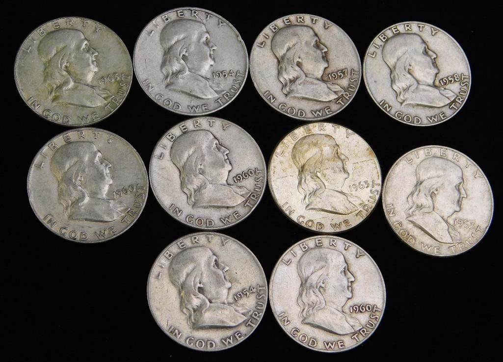 Lot of 10 Franklin Half Dollars (1 of 2)