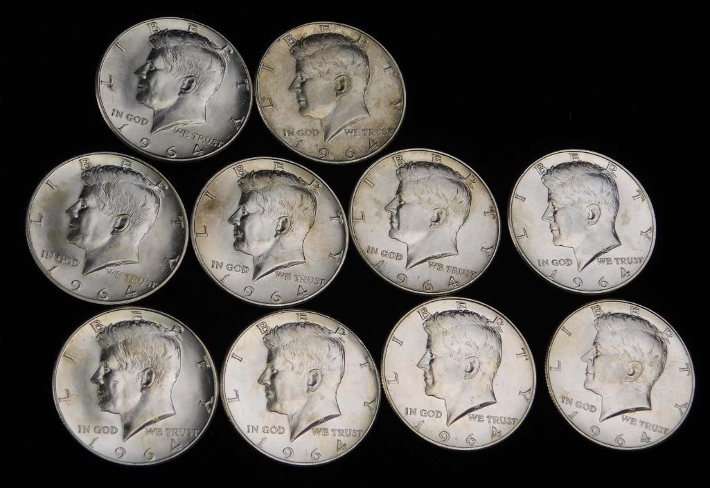 Lot of 10 AU 1964 Kennedy Half Dollars (1 of 2)