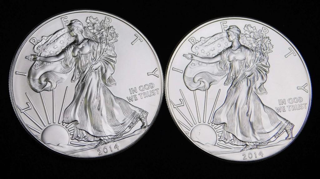 Lot of 2 BU 2014 American Silver Eagles (1 of 2)