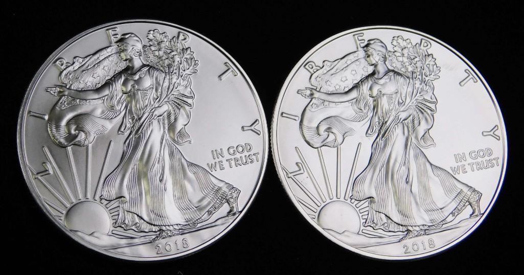 Lot of 2 BU 2018 American Silver Eagle Coins (1 of 2)