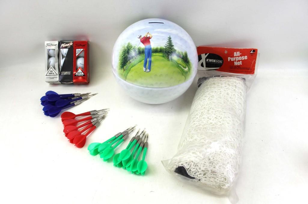 Lot of New Golf Balls , Darts , Net , and a Coin Bank (1 of 7)