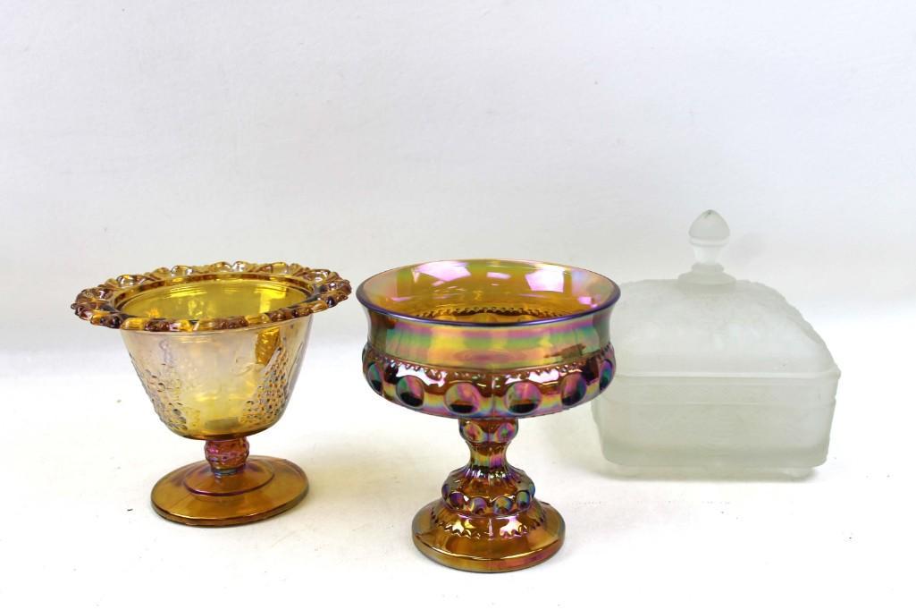 1 Satin Glass and 2 Carnival Glass Candy Dishes (1 of 6)
