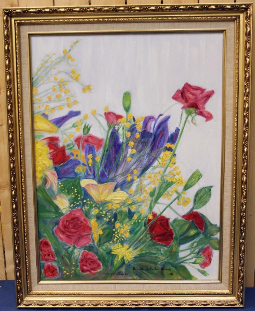 Tessie: Tessie's Flowers Dolores Aubuchon Hansen Framed Original Painting on Canvas Signed and Dated Measures about 28" x 22"Note: This item will have Illinois sales tax if it is picked up or if it is shipp