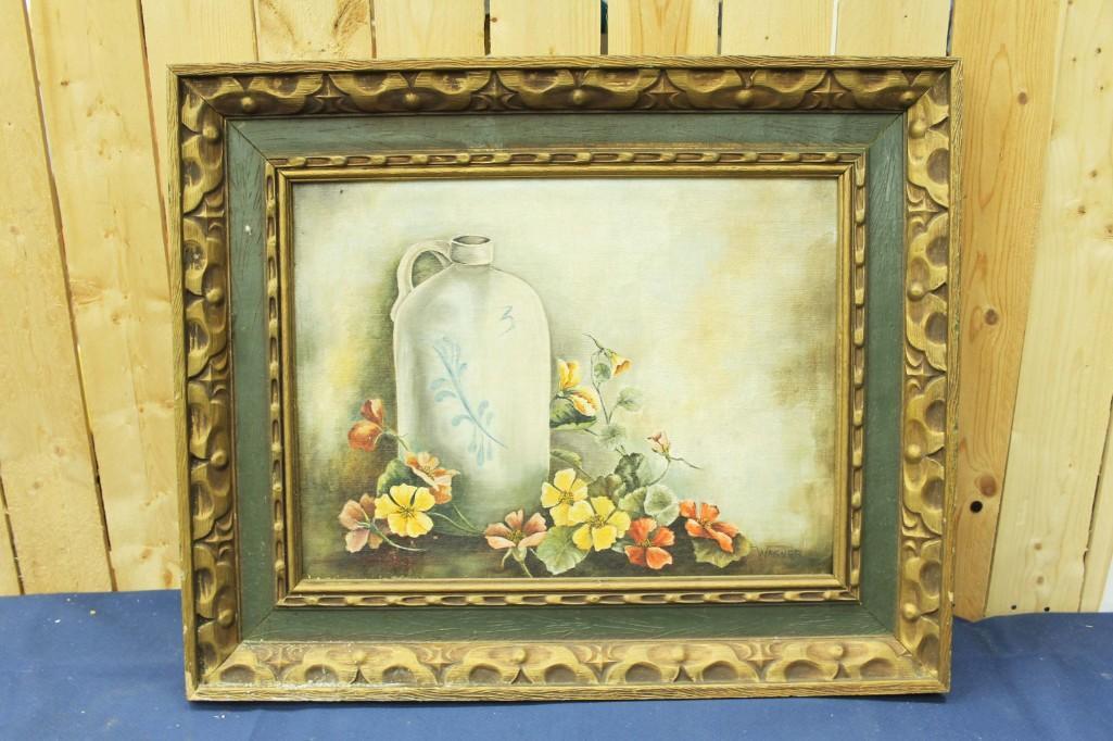 Framed Still Life Art on Board Signed Wagner: Framed Still Life Art on Board Signed Wagner Measures about 22" x 18"Note: This item will have Illinois sales tax if it is picked up or if it is shipped within the state of Illinois unless you have 