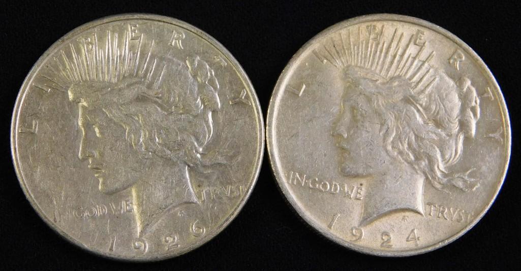 Lot of 2 Silver Peace Dollars 1926-S and 1924-P (1 of 2)