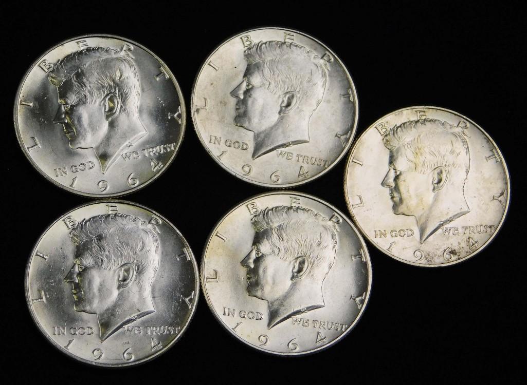 Lot of 5 AU 1964 Kennedy Half Dollars (1 of 2)