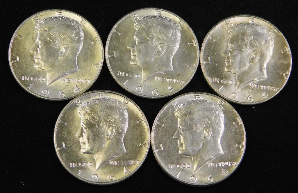 5 AU 1964 Kennedy Half Dollars (1 of 2)