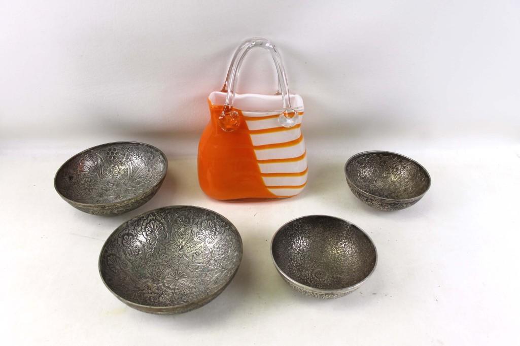 Art Glass Purse Vase and a Set of 4 Metal Bowls: Art Glass Purse Vase and a Set of 4 Metal Bowls