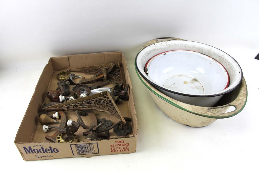 Vintage and Antique Hardware and Enamelware: Vintage and Antique Hardware and Enamelware Condition: Quite dirty and enamelware is chippy