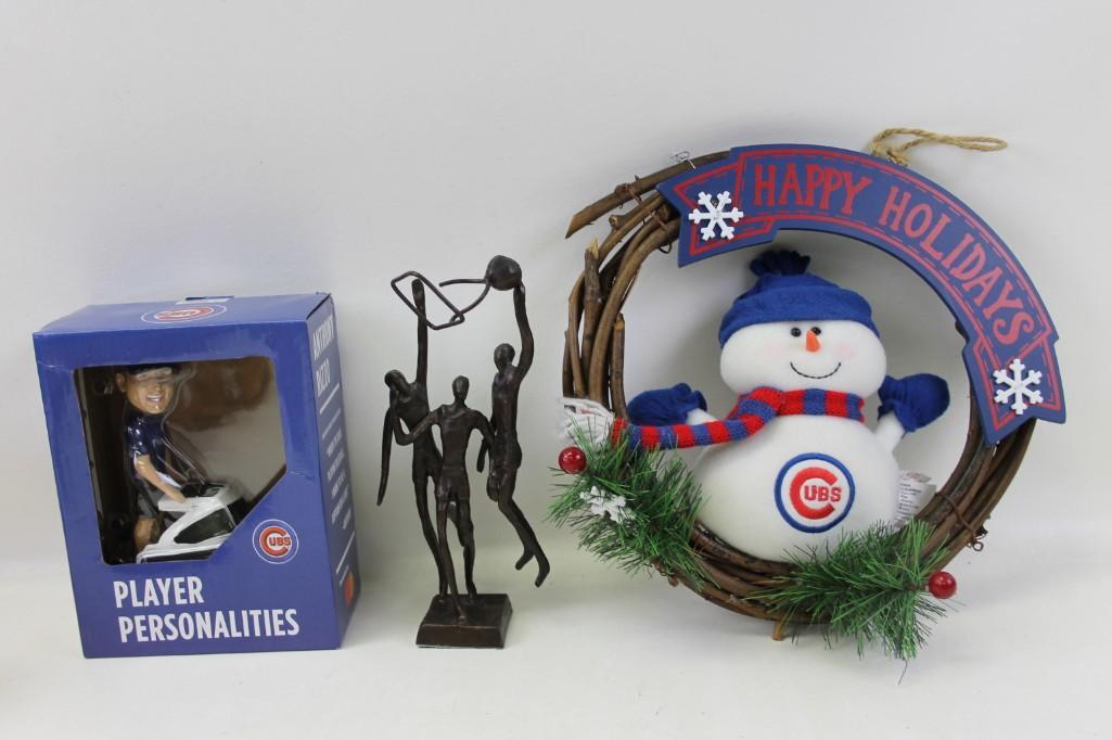 Anthony Rizzo Figure, Cubs Holiday Wreath, Basketball: Anthony Rizzo Figure new in box, Cubs Holiday Wreath, Basketball Sculpture