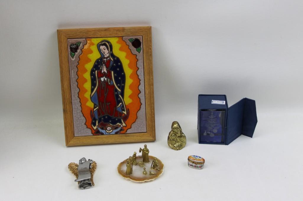 Religious Lot Framed Our Lady of Guadalupe Tile, Brass: Religious Lot Framed Our Lady of Guadalupe Tile, Brass Figurines, etc.