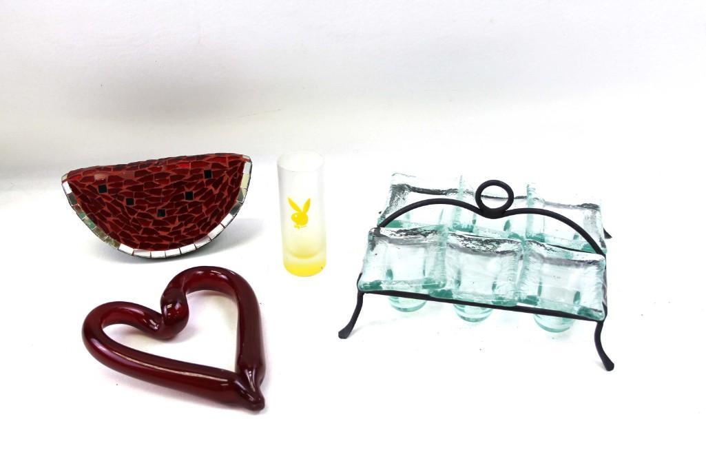 Misc Lot, Art Glass Heart, Playboy Shot Glass, Glass (1 of 4)