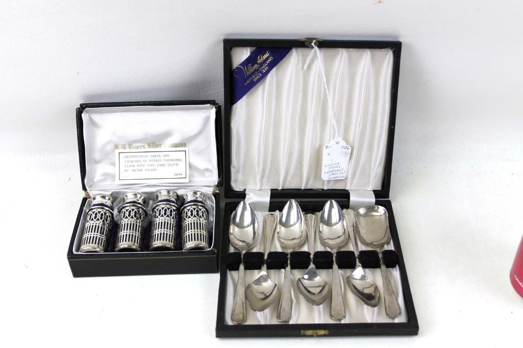 William Adams Silver Plated Spoons and Silver Plate and: William Adams Silver Plated Spoons in a Case and Silver Plate and Cobalt Blue Glass Salt and Pepper Shakers