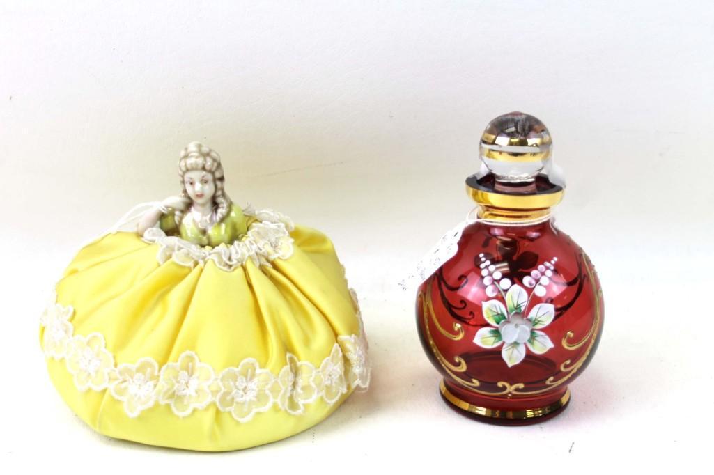 Vintage Cranberry Glass Perfume Bottle w Handpainted: Vintage Cranberry Glass Perfume Bottle with Hand Painted Floral Design and Gold Gilt and a Half Doll Pin Cushion