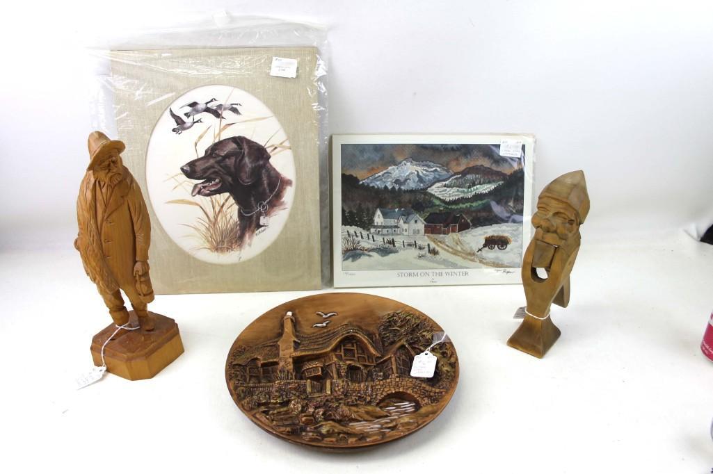 Vintage Lot incl Unique Wood Nutcracker , Carved: Vintage Lot incl Unique Wood Nutcracker , Carved Fisherman , 2 Art Prints incl Storm on the Winter by T Ryan Signed and Numbered 13/1000 , Collector Plate