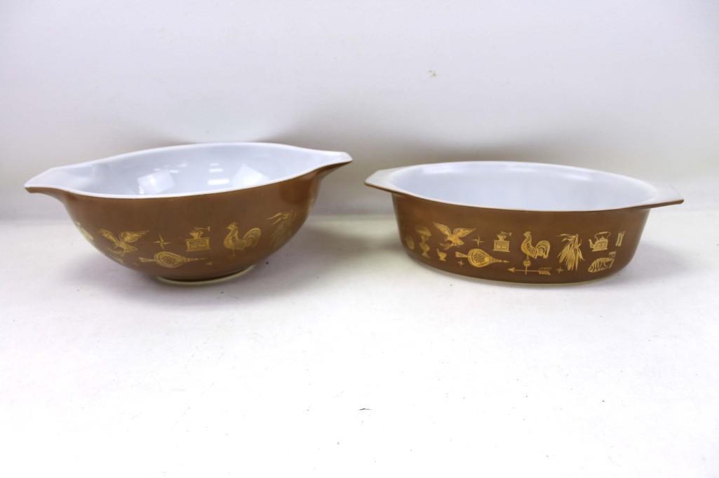 Vintage Pyrex Early American Cinderella Bowl and a: Vintage Pyrex Early American Cinderella Bowl and a Vintage Pyrex Early American Casserole Dish Brown and Gold Colored