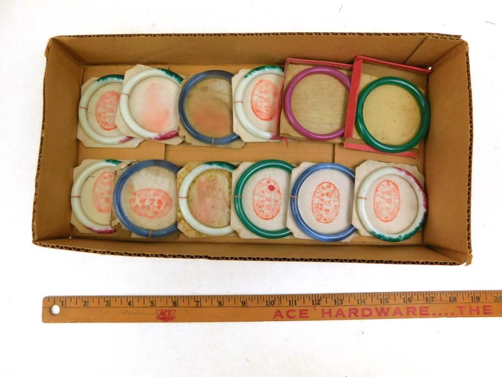 Lot of 12 Vintage Peking Glass Bangle Bracelets: Lot of 12 Vintage Peking Glass Bangle Bracelets including pink, blue, green, and a multi colored green-red-off-white . Various sizes