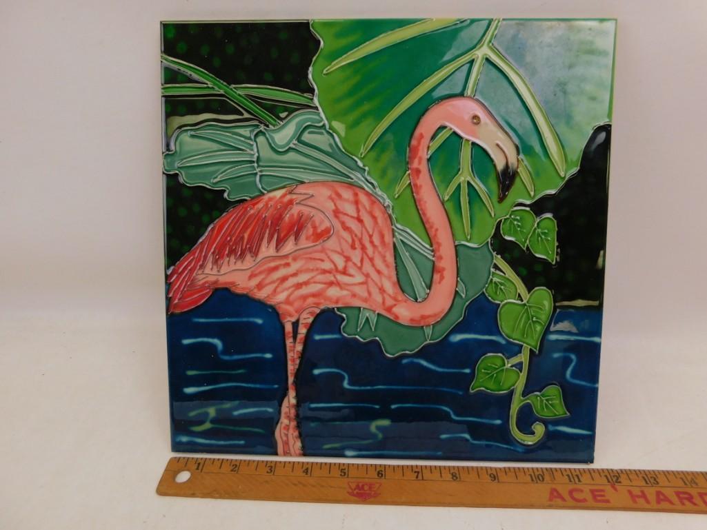 Ceramic Tile Pink Flamingo Wall Hanging Art: Ceramic Tile Pink Flamingo Wall Hanging Art Just under 12" square. The back is cork