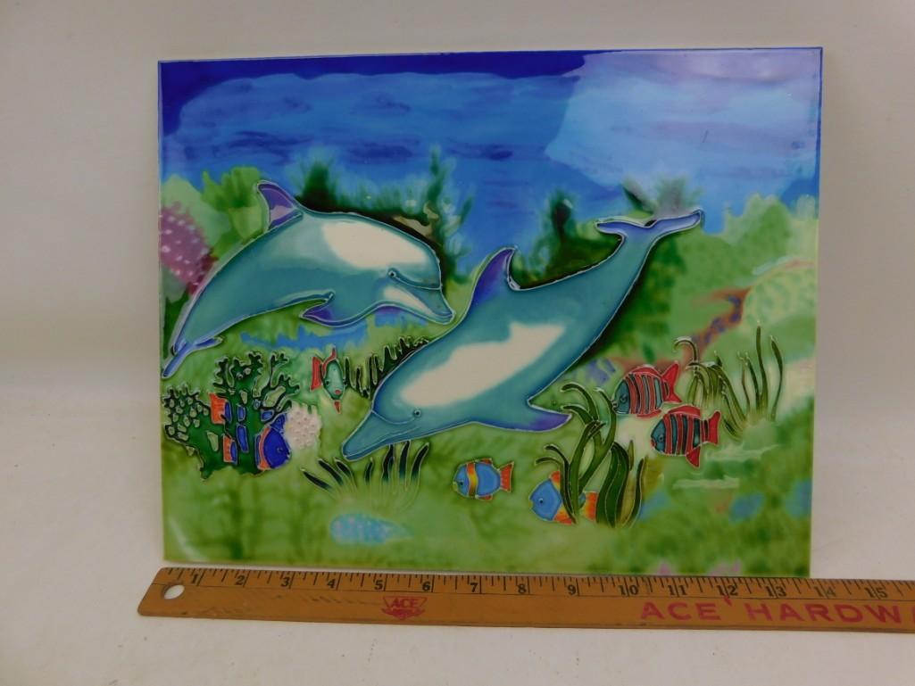 Ceramic Tile Dolphin / Fish Wall Hanging: Ceramic Tile Dolphin / Fish Wall Hanging Roughly 14" long and a little less tall Has a cork back